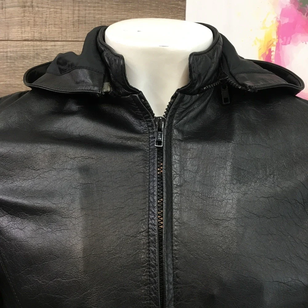 VINTAGE LEATHER HOODED JACKET MENS‎ BLACK REMOVABLE HOOD ZIPPER SIZE 40